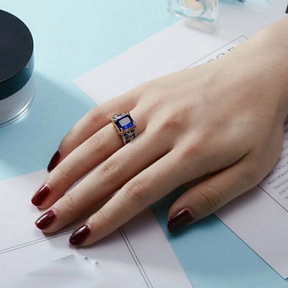 Blue Sapphire Yellow Rhodium Plated Ring - Picture 2 of 2